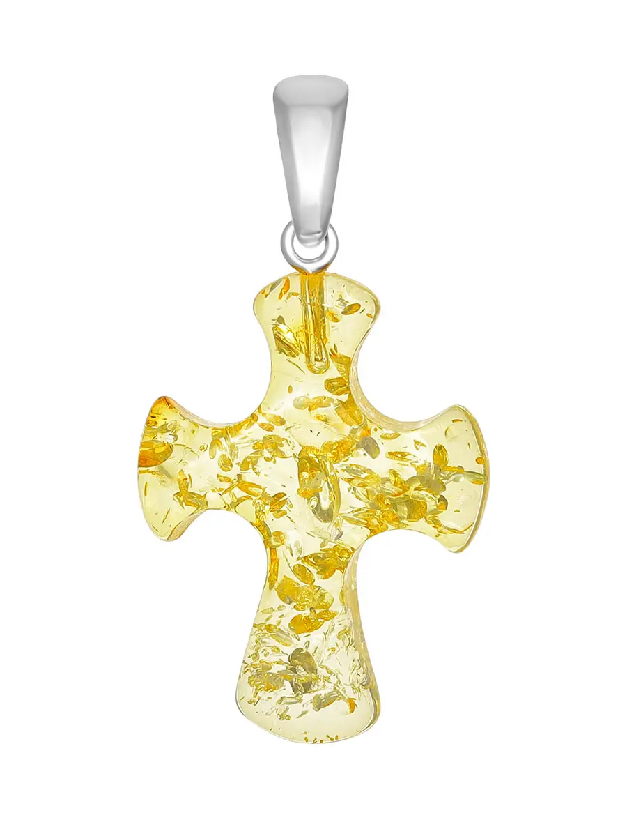 картинка Крестик из натурального балтийского янтаря лимонного цвета с искрами в онлайн магазине