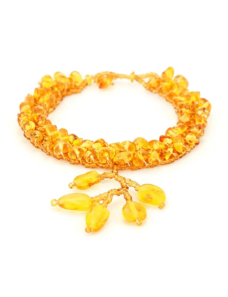 картинка Нежный нарядный браслет из натурального золотисто-лимонного янтаря с бисером «Берёзка» в онлайн магазине