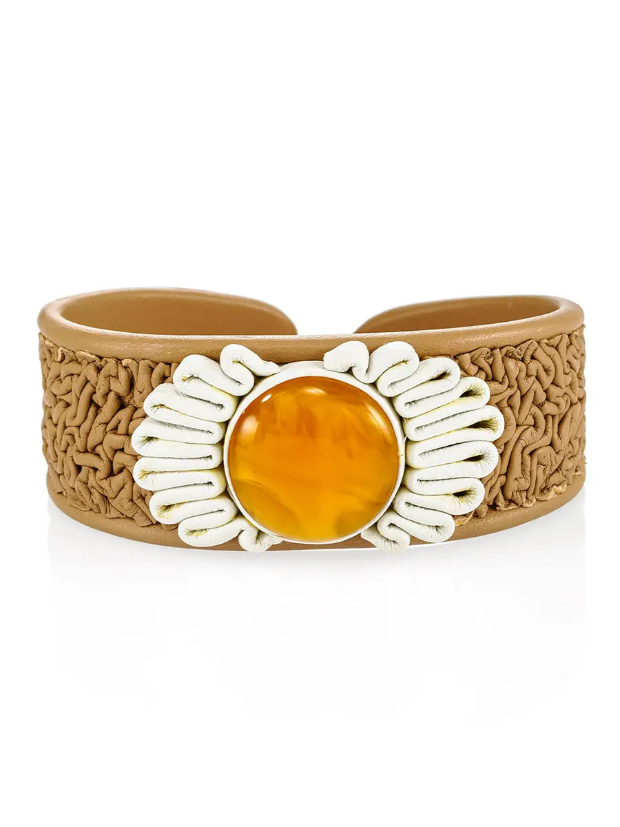 картинка Эффектный браслет из натуральной кожи и медового янтаря «Нефертити» в онлайн магазине