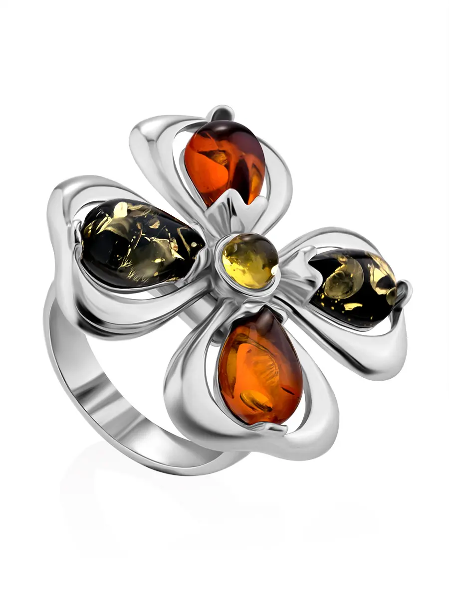 картинка Крупное эффектное кольцо из серебра со вставками из натурального янтаря «Клевер» в онлайн магазине