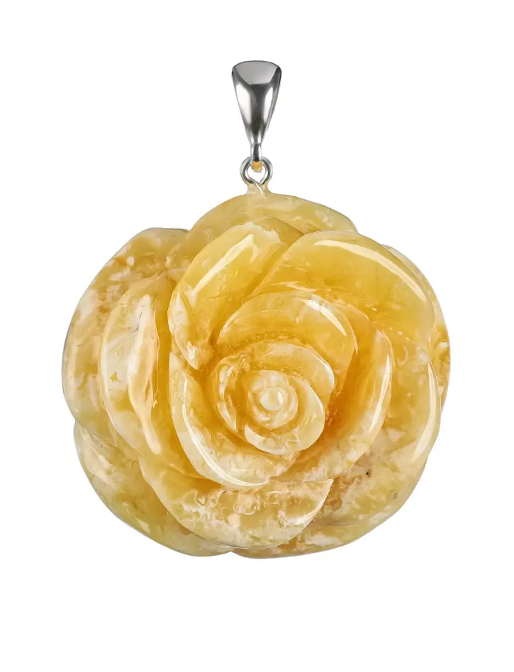 картинка Роскошная подвеска из натурального пейзажного янтаря молочно-медового цвета «Солнечная роза» в онлайн магазине