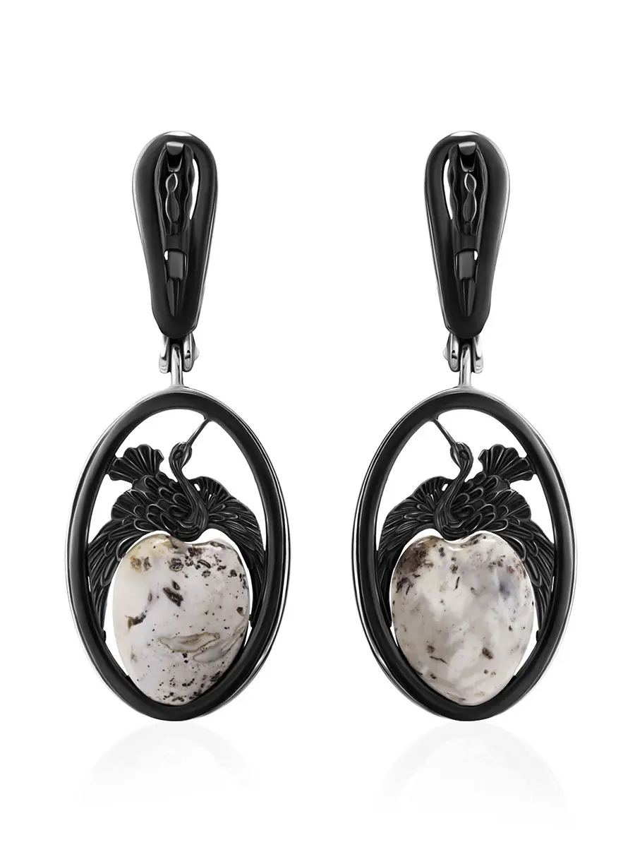картинка Красивые серьги «Журавушка» из черненого серебра и натурального янтаря в онлайн магазине