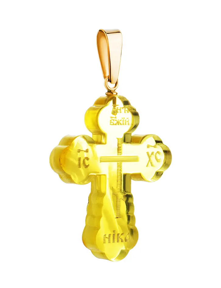 картинка Крестик из натурального цельного янтаря с красивой текстурой на золотом подвесе в онлайн магазине