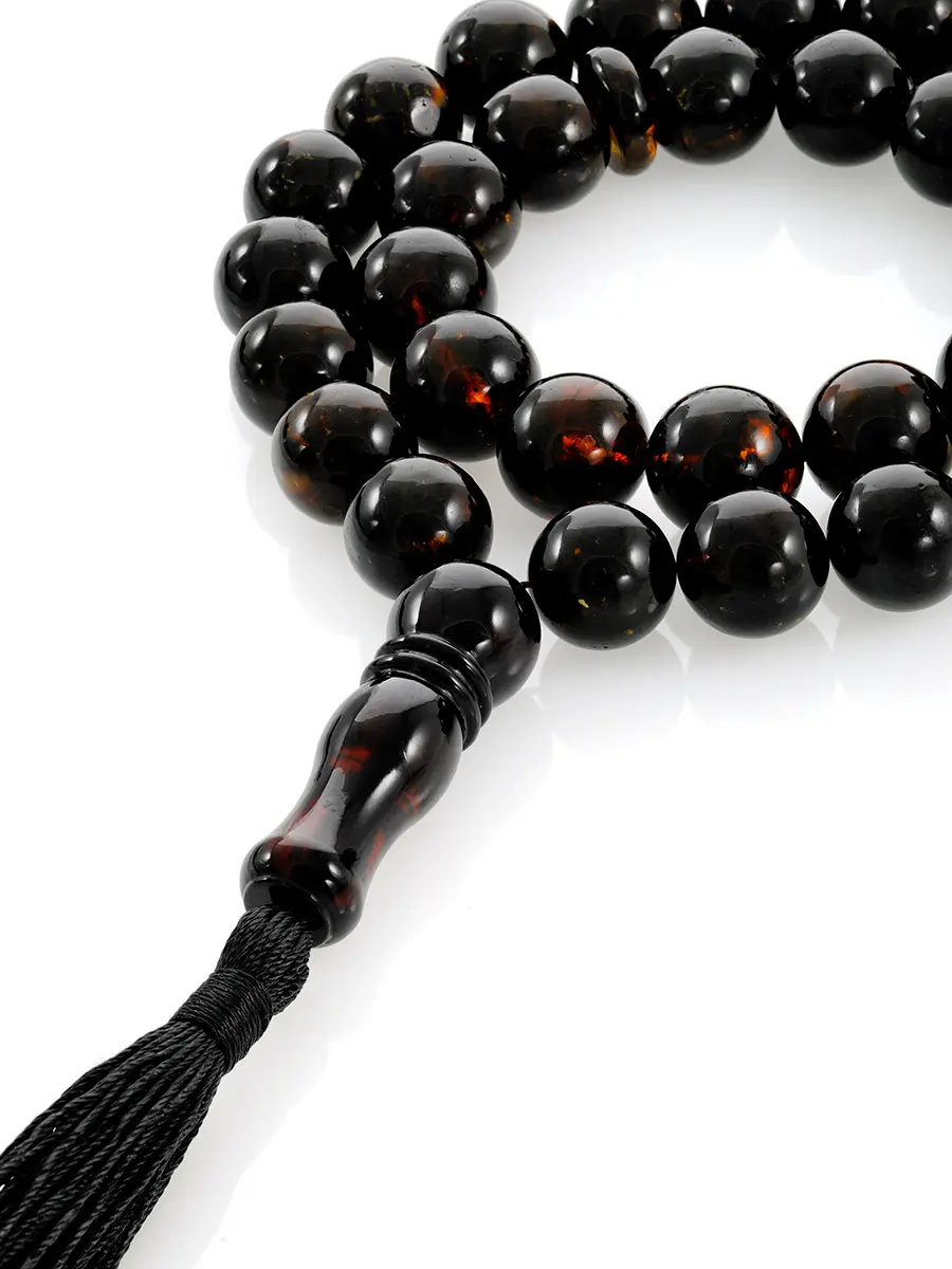 картинка Чётки на 33 бусины-шара из натурального формованного янтаря чёрного цвета в онлайн магазине