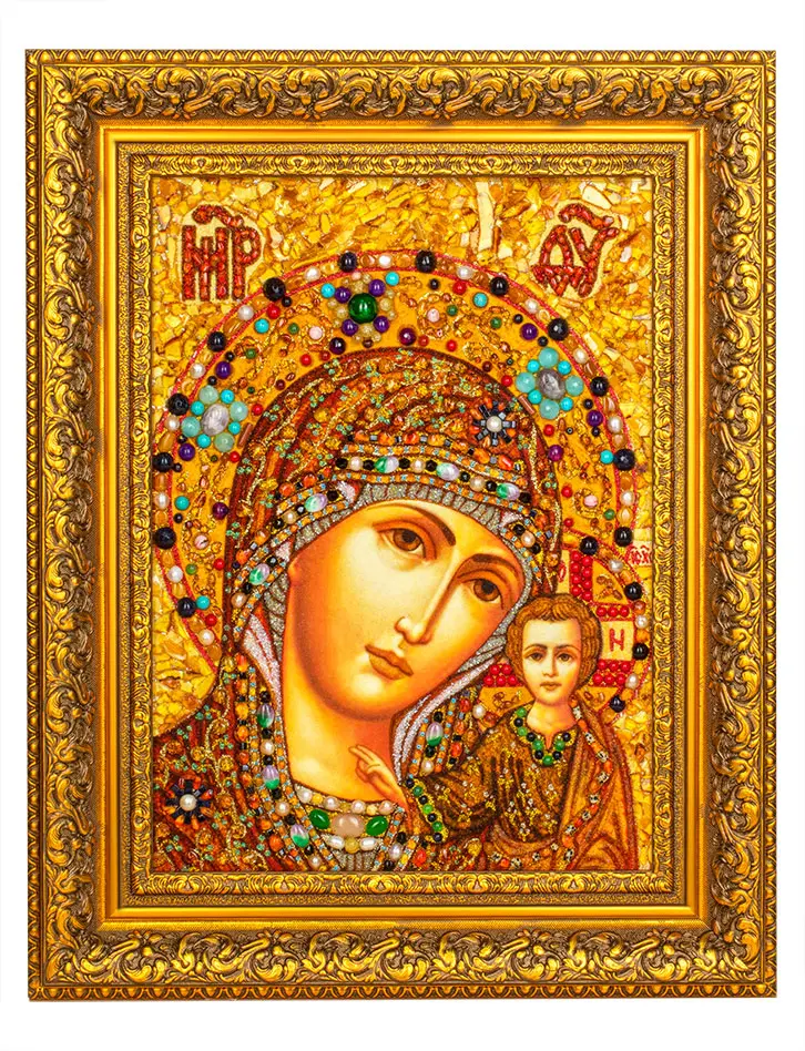картинка Икона Божией Матери из натурального янтаря и полудрагоценных камней «Казанская» в онлайн магазине