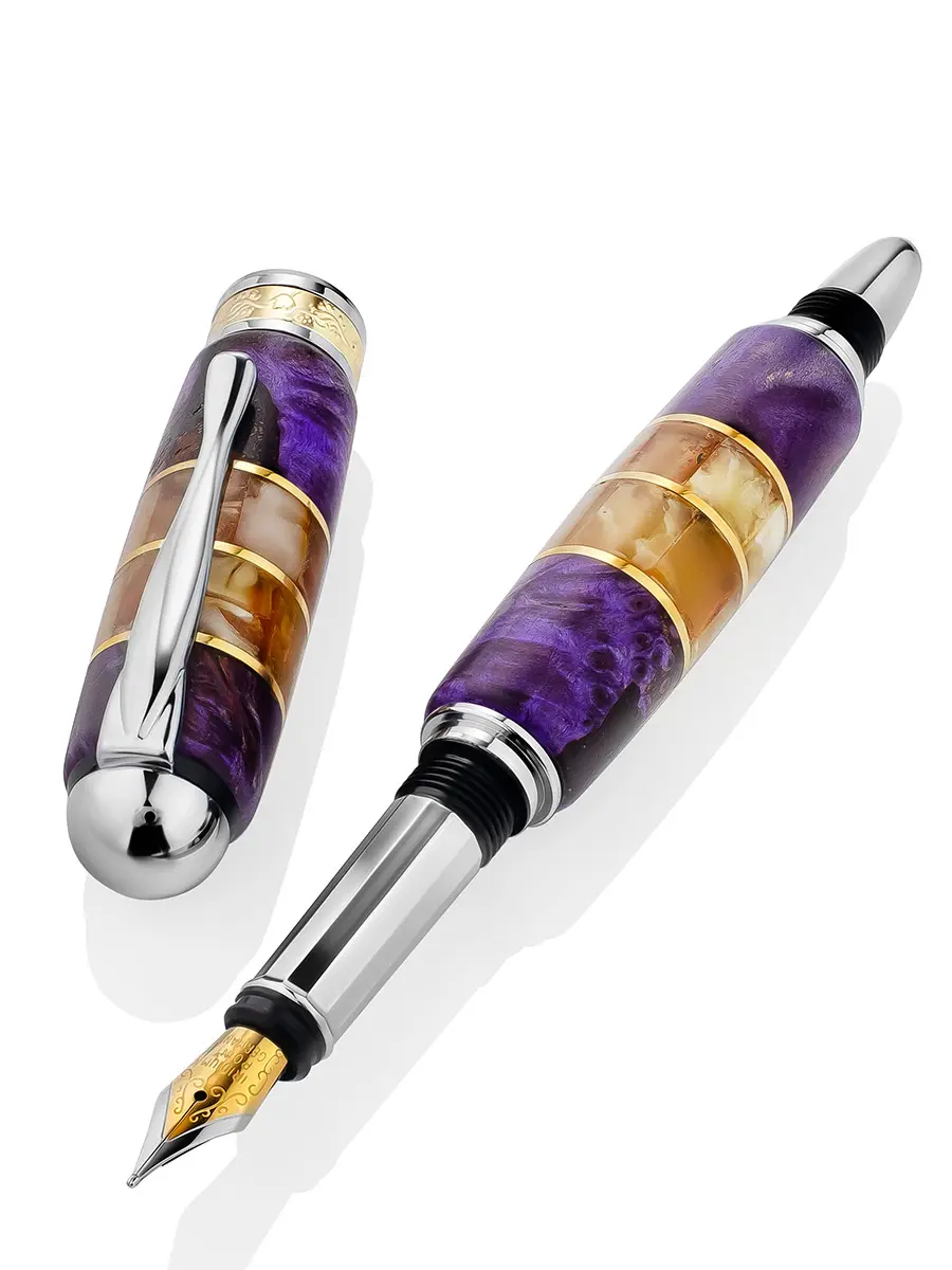 картинка Перьевая ручка из стабилизированного дерева и натурального янтаря в онлайн магазине