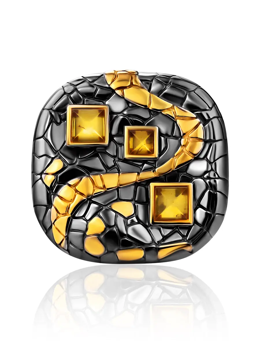 картинка Стильный яркий кулон «Донателла» из черненого серебра с позолотой, украшенный янтарём в онлайн магазине