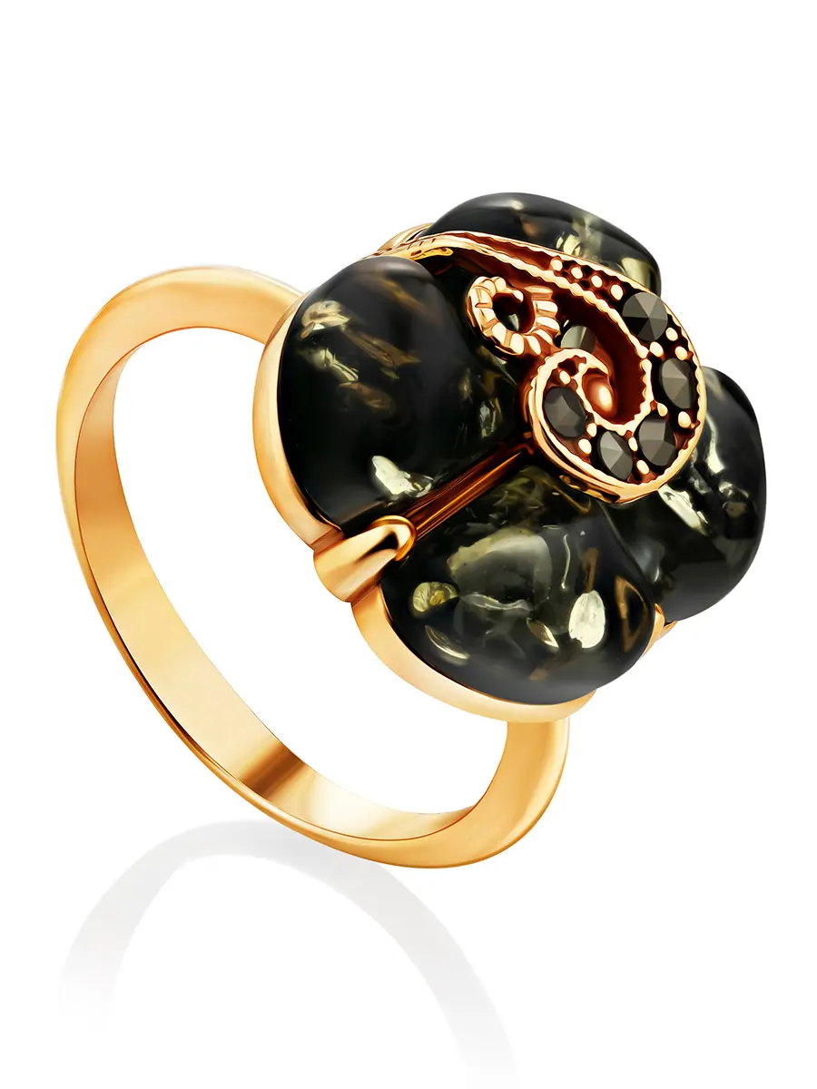 картинка Очаровательное кольцо из позолоченного серебра с янтарём и марказитами «Лола» в онлайн магазине