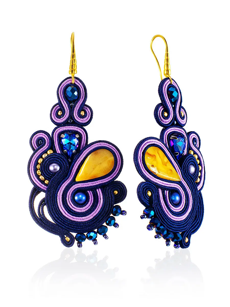 картинка Необычные плетёные серьги с янтарём и кристаллами «Индия» в онлайн магазине
