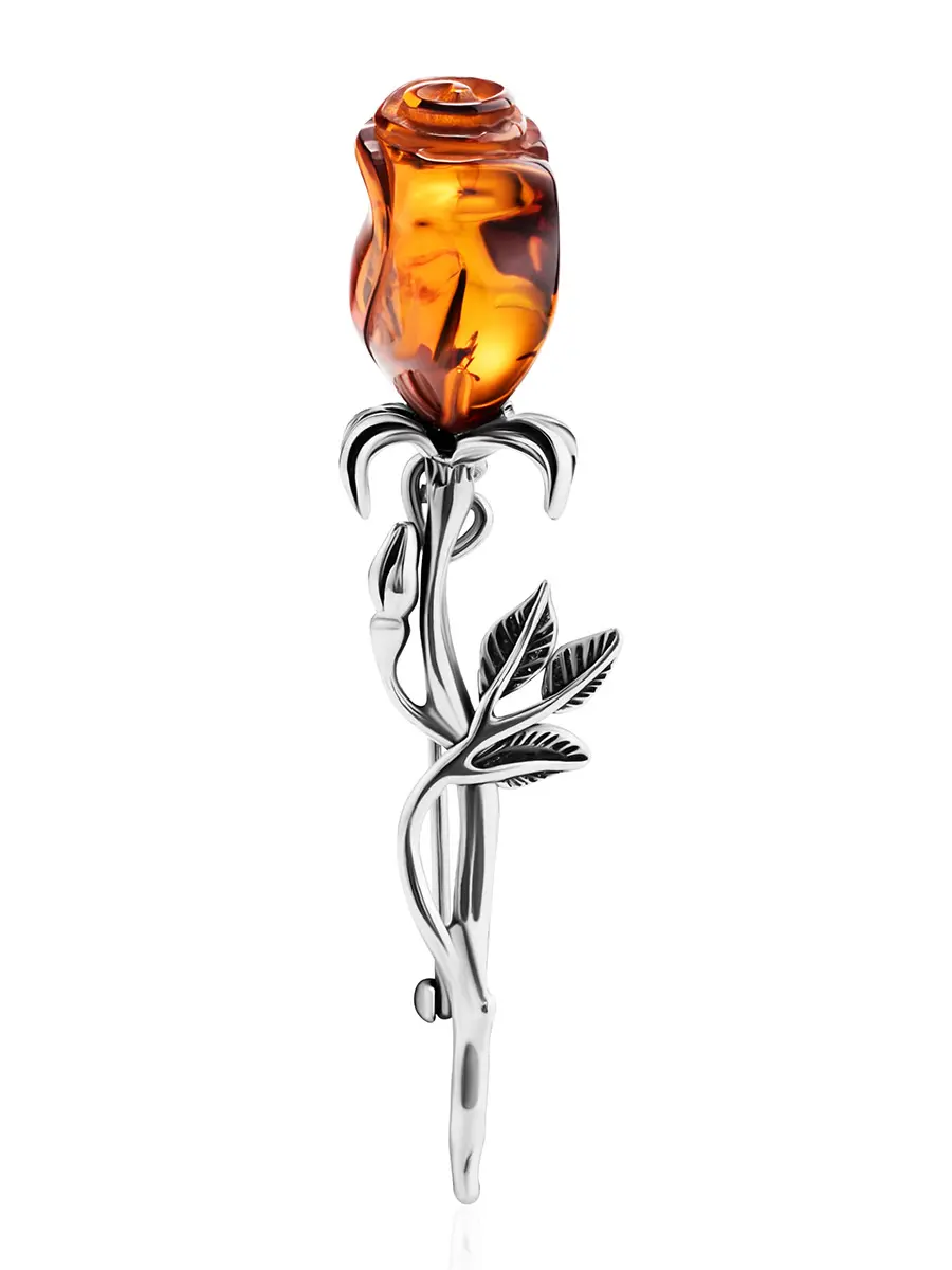 картинка Нежная серебряная брошь с натуральным янтарем коньячного цвета «Роза» в онлайн магазине