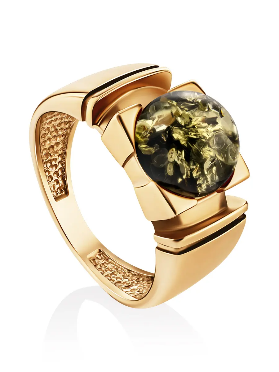 картинка Стильное золотое кольцо с вставкой из натурального искрящегося зеленого янтаря «Рондо» в онлайн магазине