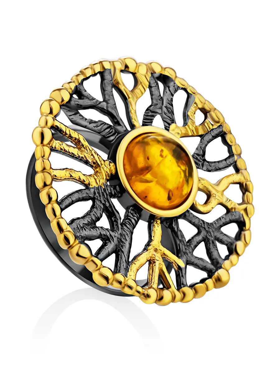 картинка Ажурное кольцо из черненого серебра с позолотой и натурального янтаря «Алхимия» в онлайн магазине