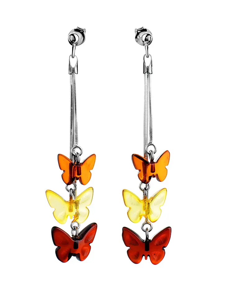 картинка Длинные лёгкие серьги из натурального янтаря трёх цветов и серебра «Бабочки на цепочках» из коллекции «Апрель» в онлайн магазине