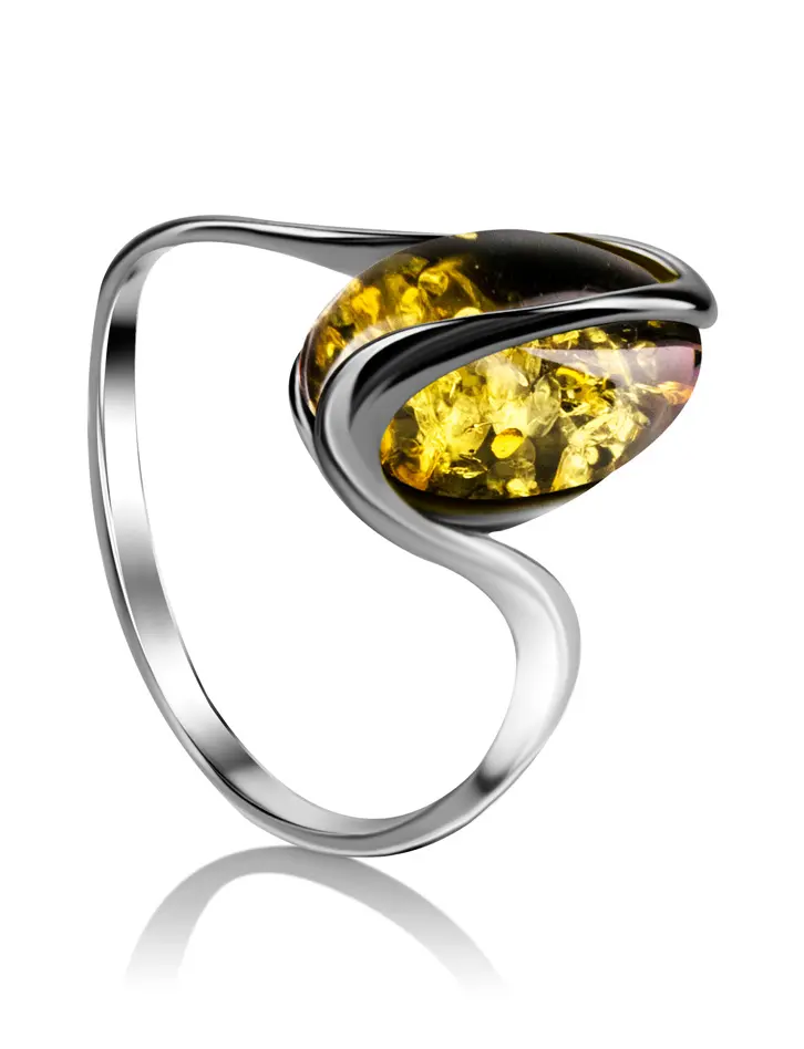 картинка Серебряное кольцо с натуральным зеленым искрящимся янтарем «Милан» в онлайн магазине