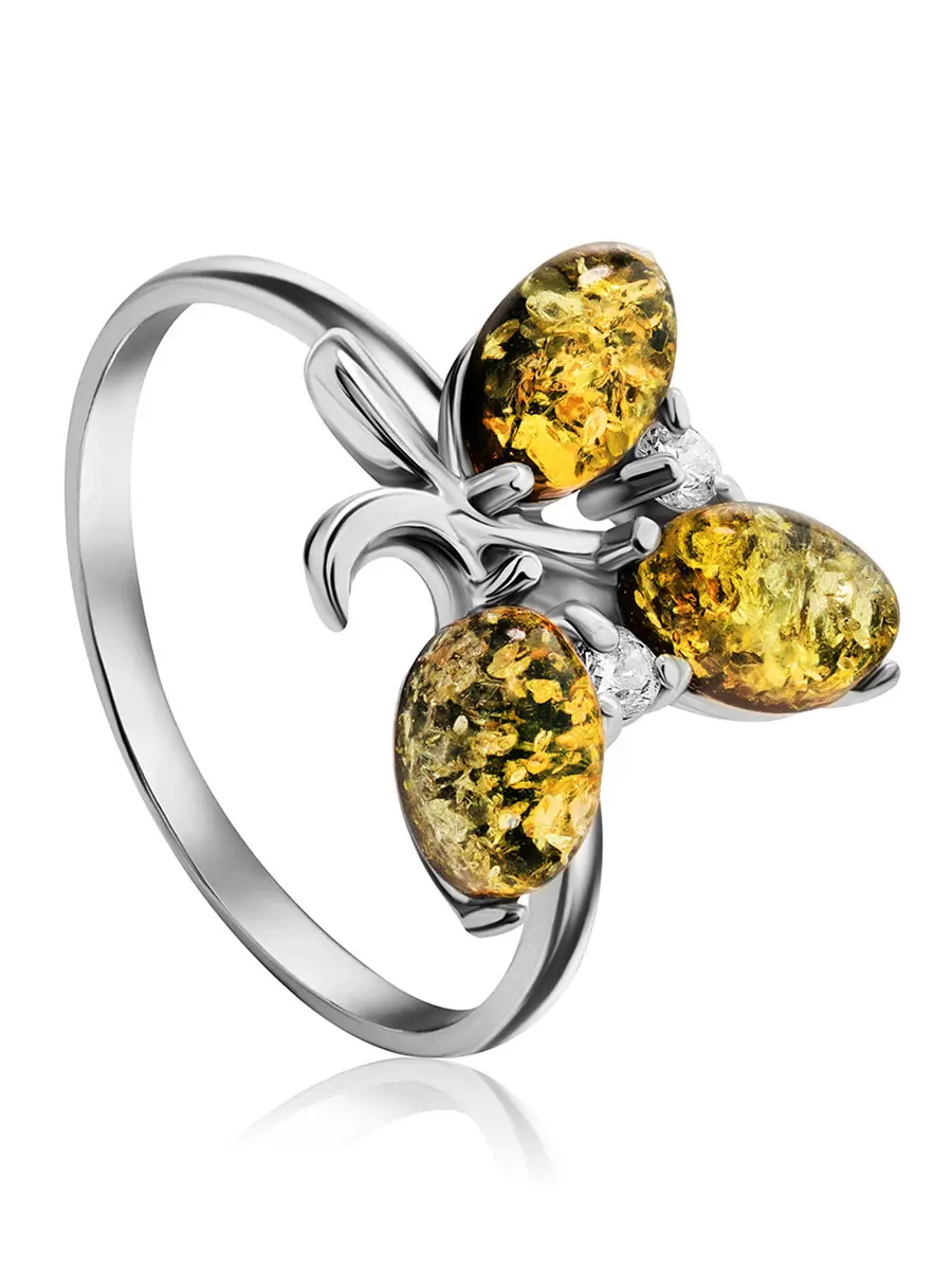 картинка Изысканное кольцо с натуральным зелёным янтарём «Олеандр» в онлайн магазине