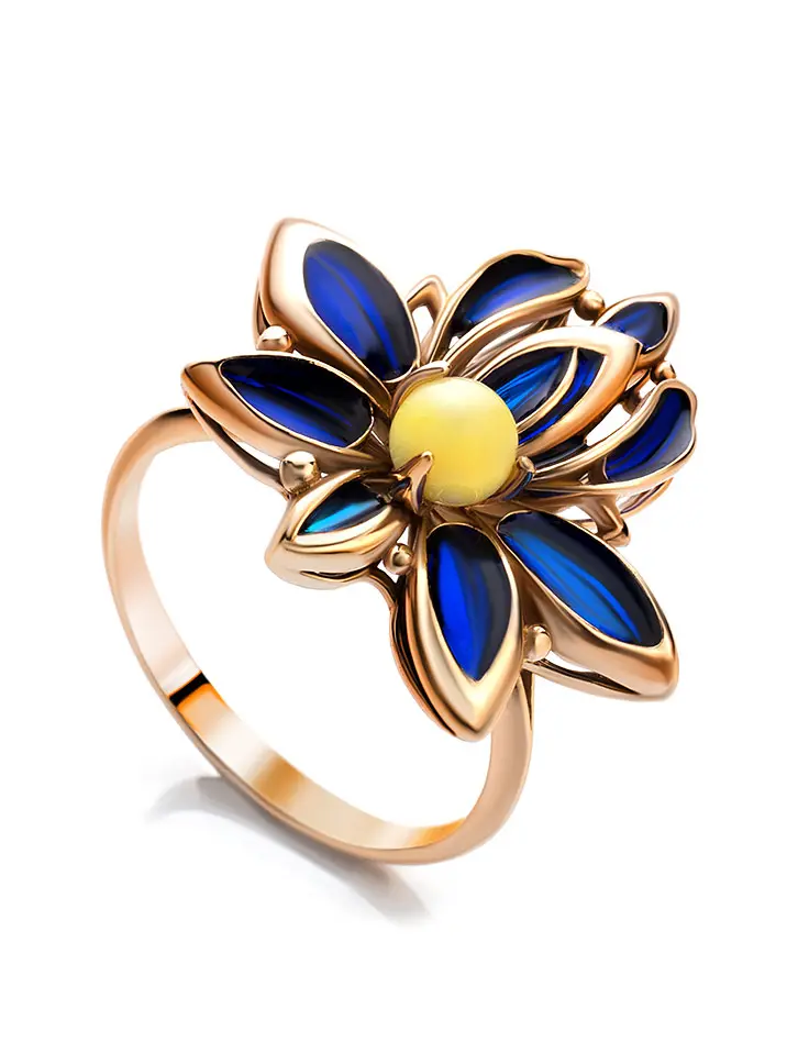 картинка Великолепное позолоченное кольцо с натуральным янтарём и эмалью Verona в онлайн магазине