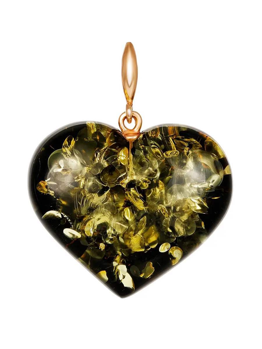 картинка Яркий кулон-сердце из натурального искрящегося янтаря и золота в онлайн магазине