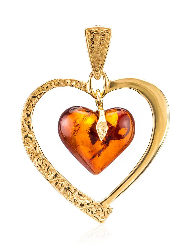 картинка Золотой кулон «Сердце» с натуральным вишнёвым янтарём в онлайн магазине