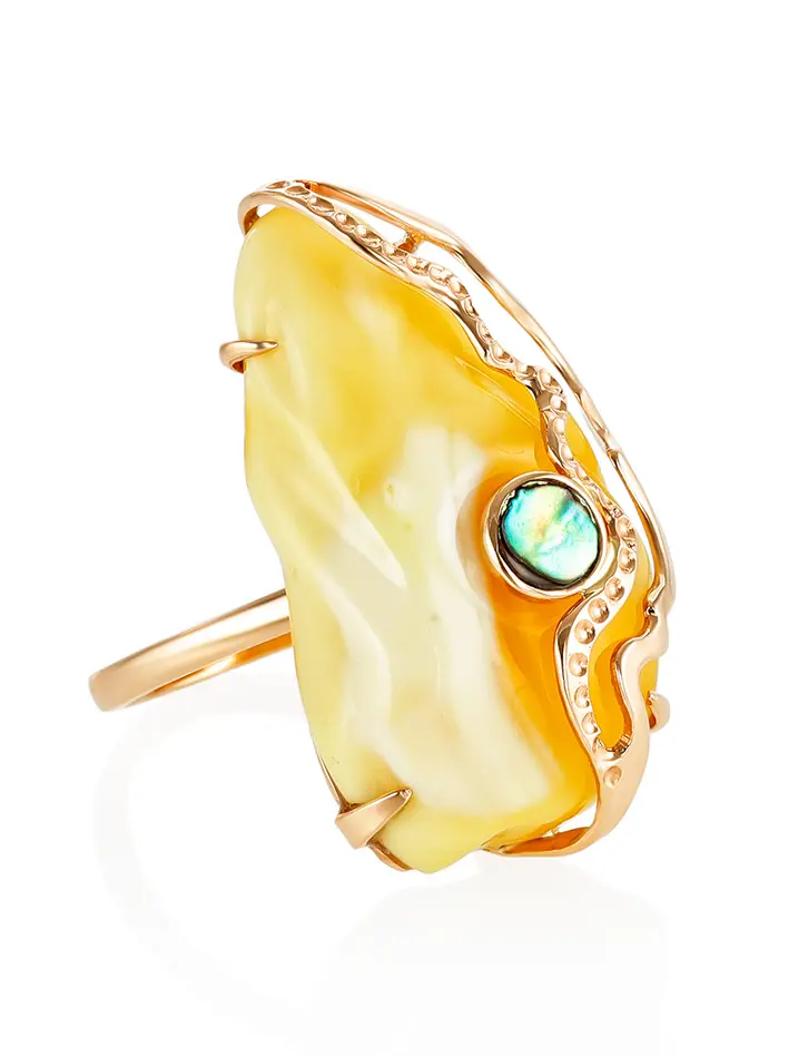 картинка Роскошное кольцо из янтаря и перламутра в золоте «Атлантида» в онлайн магазине
