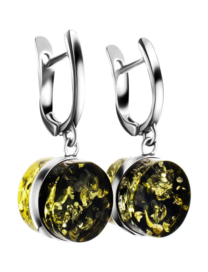 картинка Стильные серебряные серьги с зелёным янтарем «Фурор» в онлайн магазине