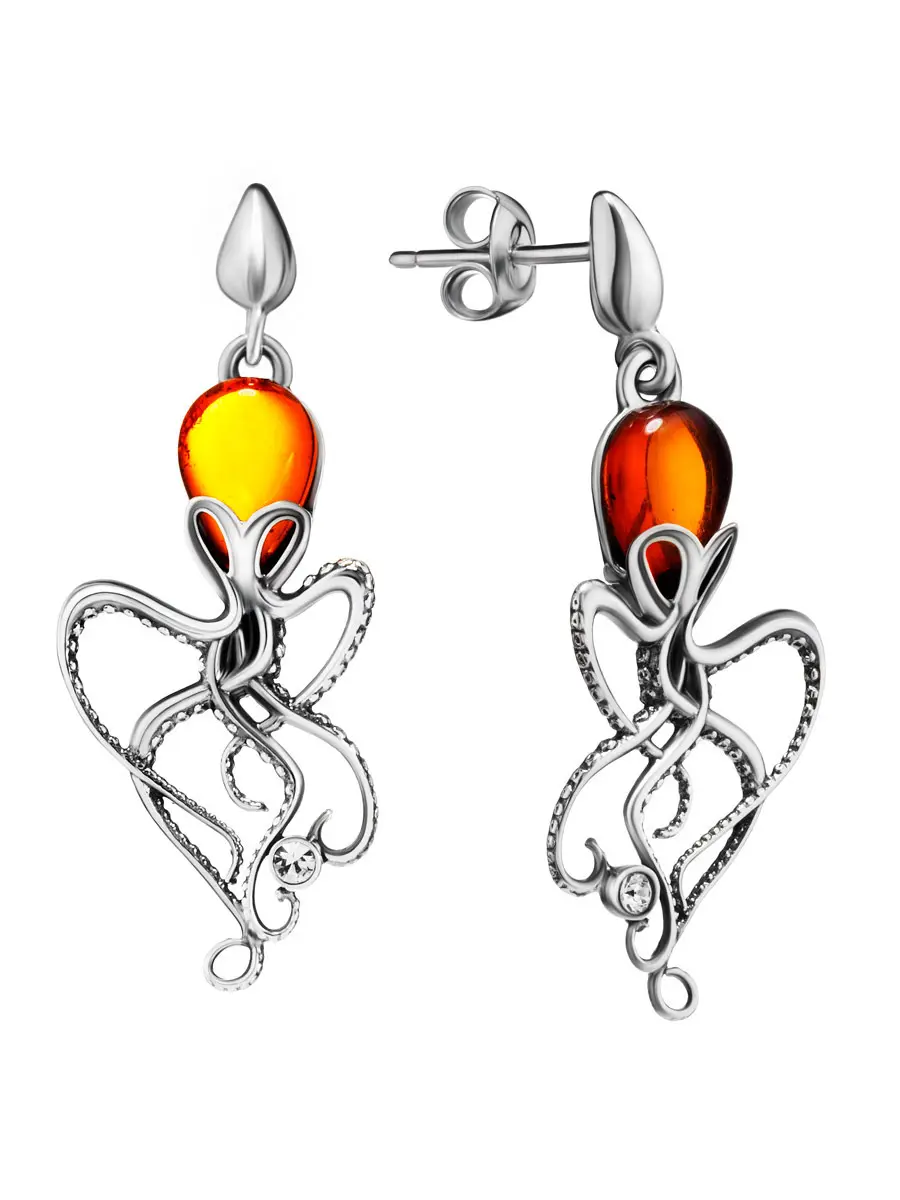 картинка Необычные серьги-гвоздики из серебра и натурального коньячного янтаря «Осьминог» в онлайн магазине