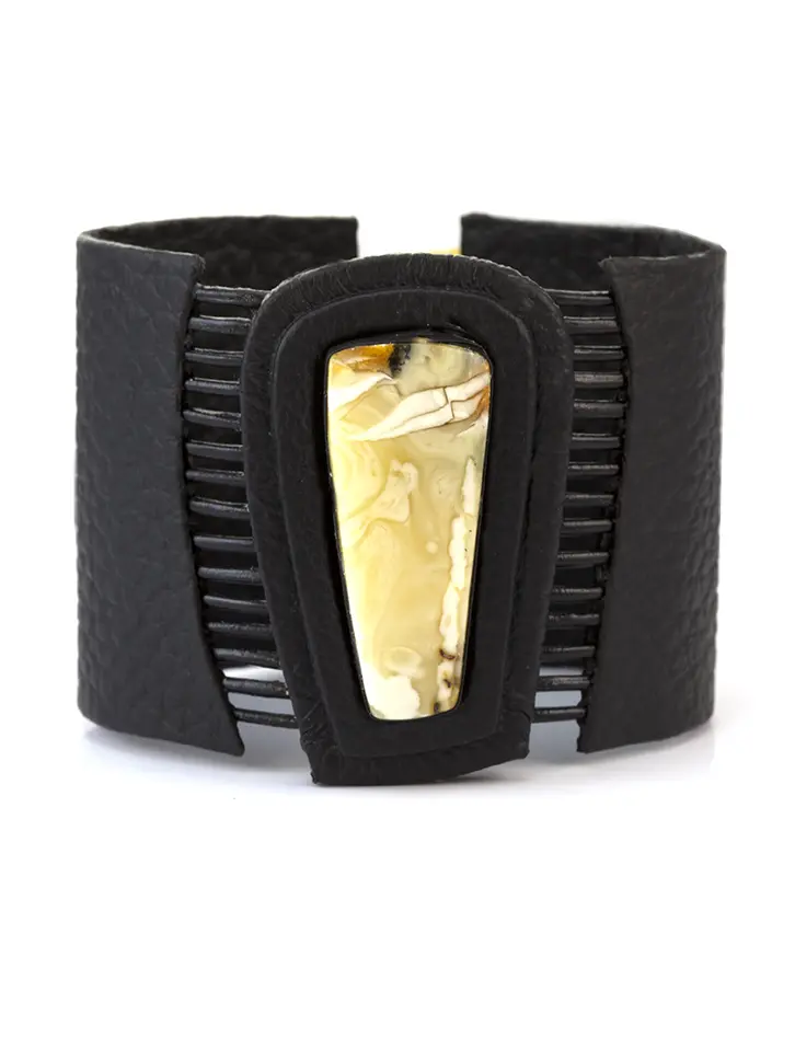 картинка Оригинальный браслет из кожи со вставкой из медового балтийского янтаря «Амазонка» в онлайн магазине