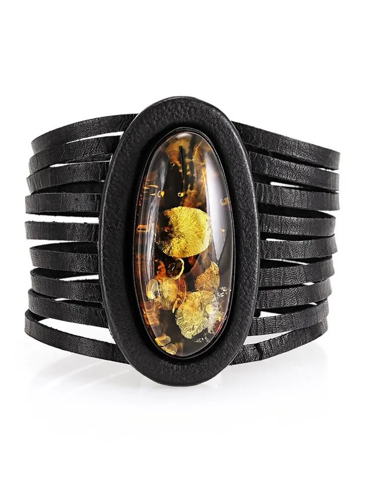 картинка Оригинальный кожаный браслет «Амазонка» из кожи и натурального искрящегося янтаря в онлайн магазине