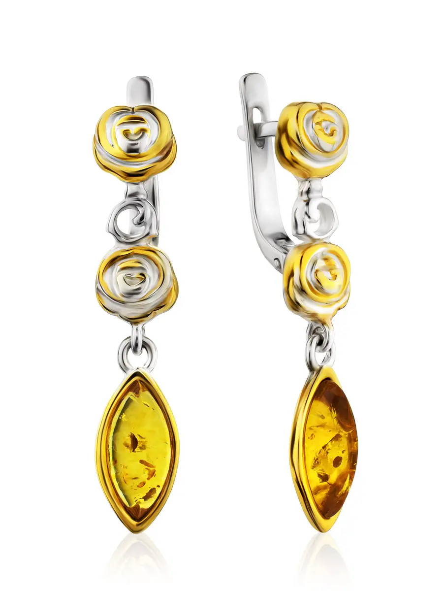картинка Нежные романтичные серьги из серебра с позолотой, украшенные янтарём «Валетта» в онлайн магазине