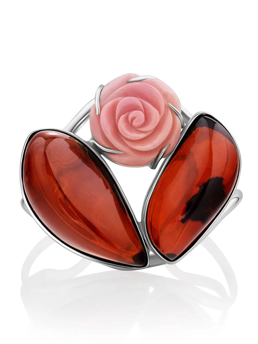 картинка Красивый браслет «Розамунда» с янтарём и резной розой из стромбуса в онлайн магазине