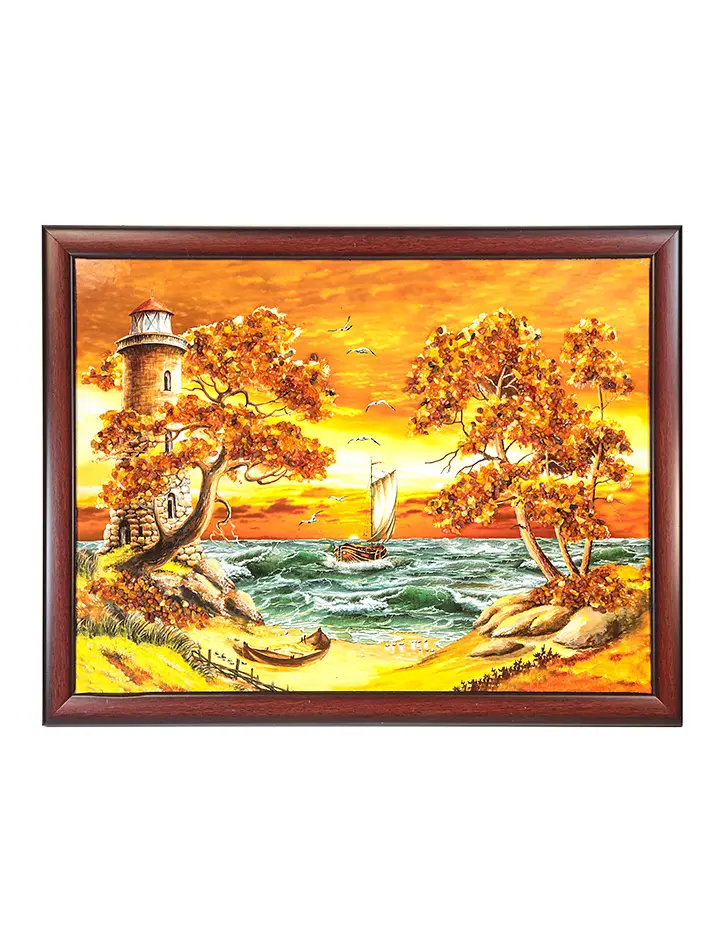 картинка Горизонтальная марина, украшенная россыпью натурального балтийского янтаря «Морской пейзаж» в онлайн магазине