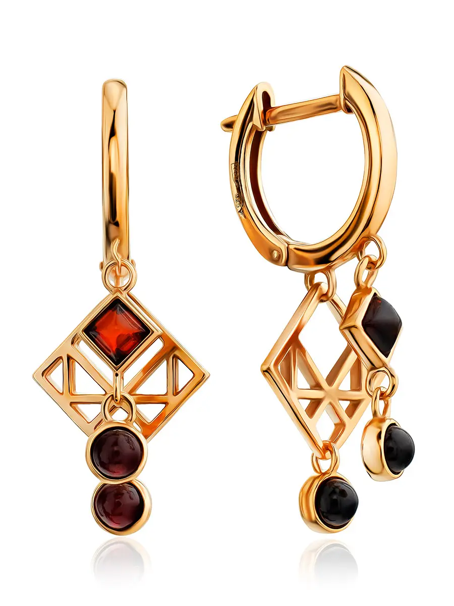 картинка Оригинальные серьги с янтарём тёмно-вишнёвого цвета «Бобелина» в онлайн магазине