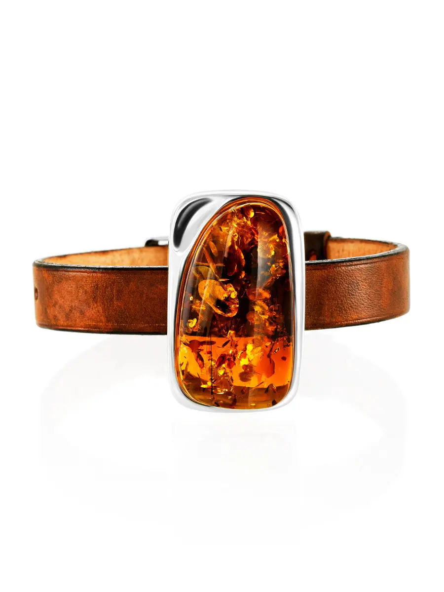 картинка Необычный кожаный браслет «Сильверстоун» с серебром и натуральным искрящимся янтарём в онлайн магазине