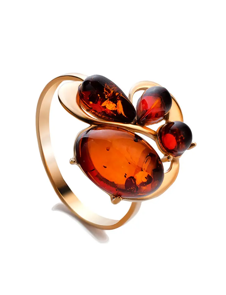 картинка Эффектное золотое кольцо с натуральным балтийским янтарём коньячного цвета «Симфония» в онлайн магазине