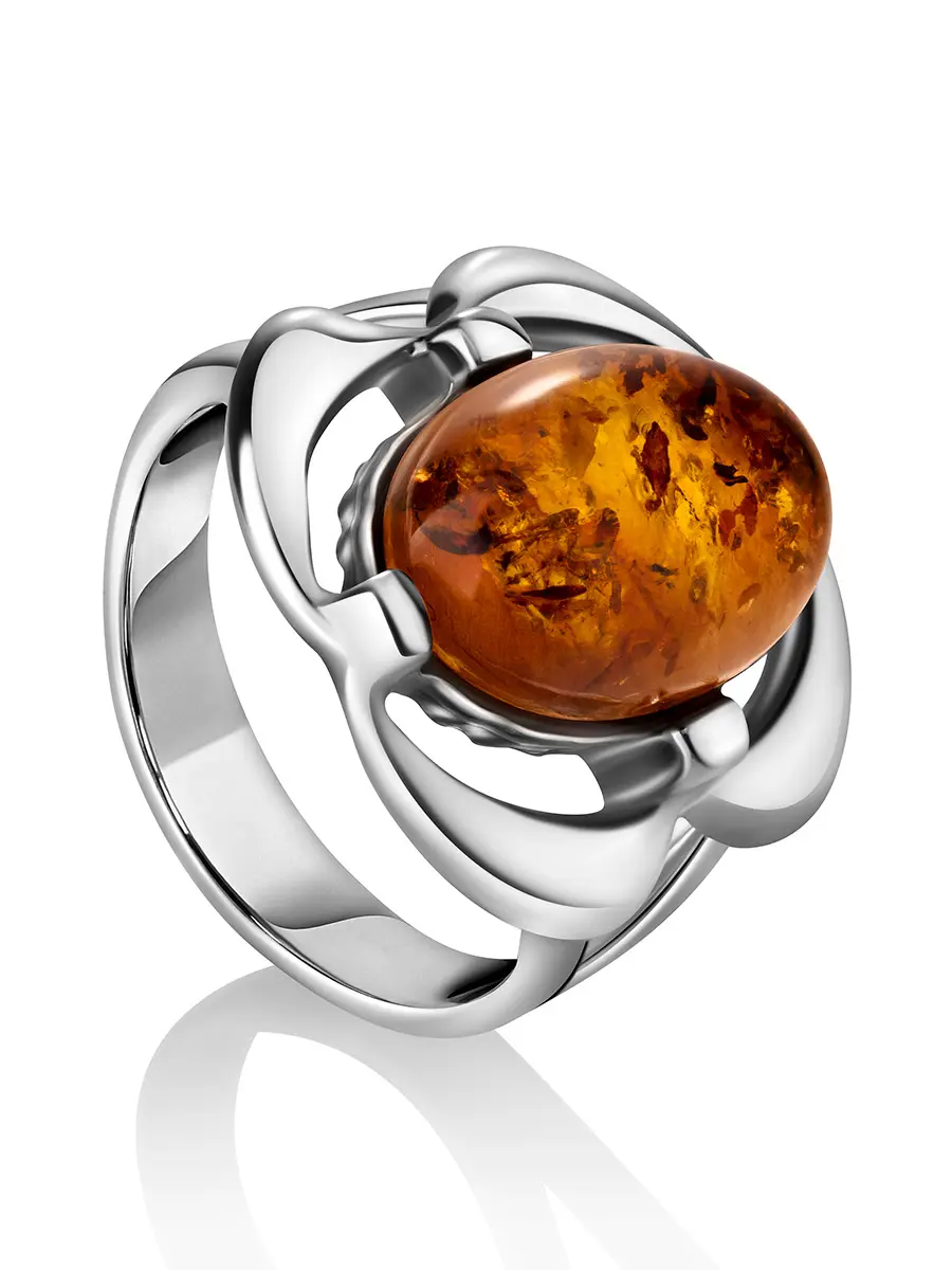 картинка Серебряное кольцо с янтарем коньячного цвета «Фиалка» в онлайн магазине