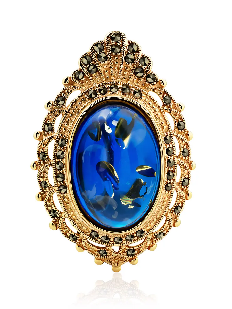 картинка Роскошная брошь из позолоченного серебра с синим янтарём и марказитами «Эйфория» в онлайн магазине