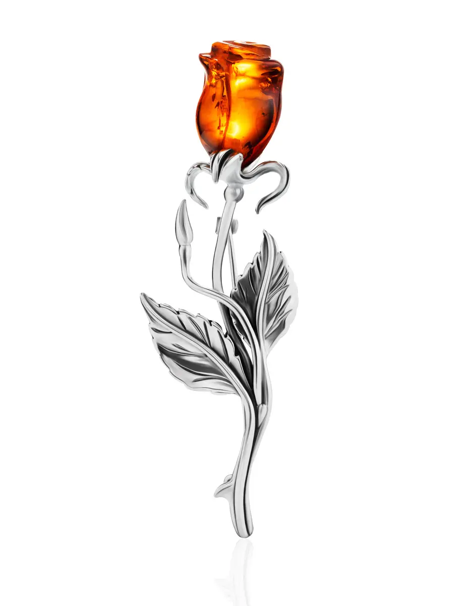 картинка Изящная удлиненная брошь с натуральным янтарем коньячного цвета «Роза» в онлайн магазине