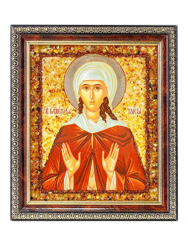 картинка Икона с натуральным балтийским янтарём «Святая блаженная Таисия» в онлайн магазине
