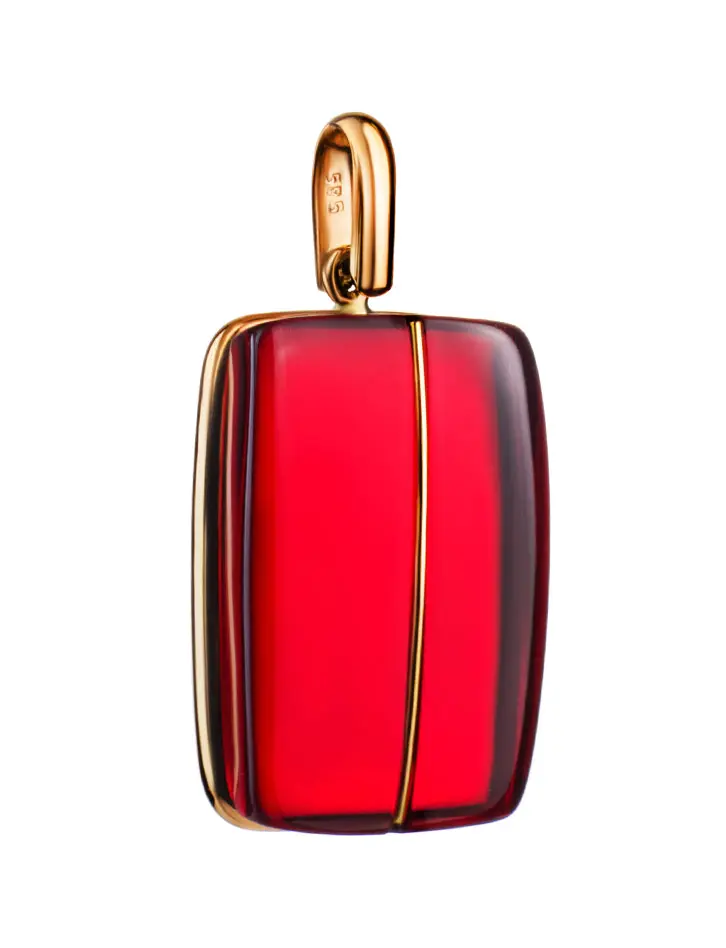 картинка Эффектный прямоугольный кулон из золота и ярко-красного янтаря «Сангрил» в онлайн магазине