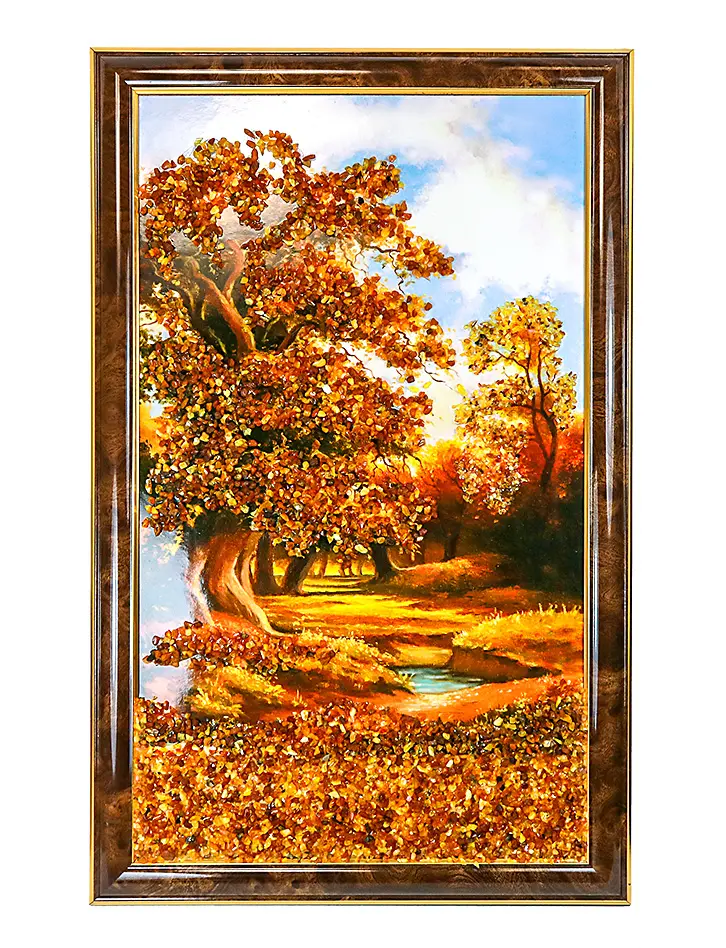 картинка Крупная вертикальная картина с натуральным янтарем «Золотая роща» в онлайн магазине