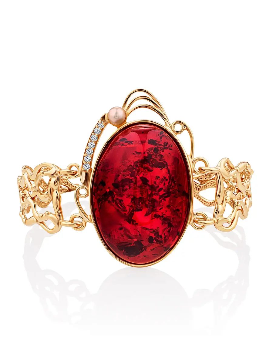 картинка Потрясающий яркий браслет «Прима» с красным янтарем, жемчугом и фианитами в онлайн магазине