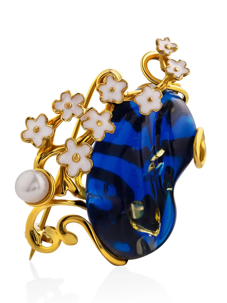 картинка Яркая брошь «Апрель» из синего янтаря в позолоченном серебре в онлайн магазине
