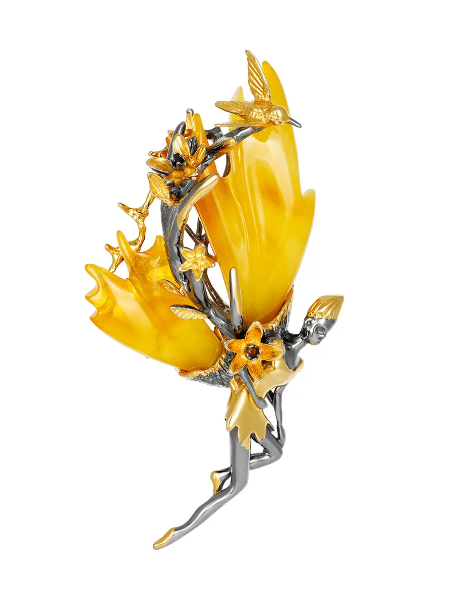 картинка Яркая эффектная брошь «Фейри» из позолоченного серебра с янтарём в онлайн магазине