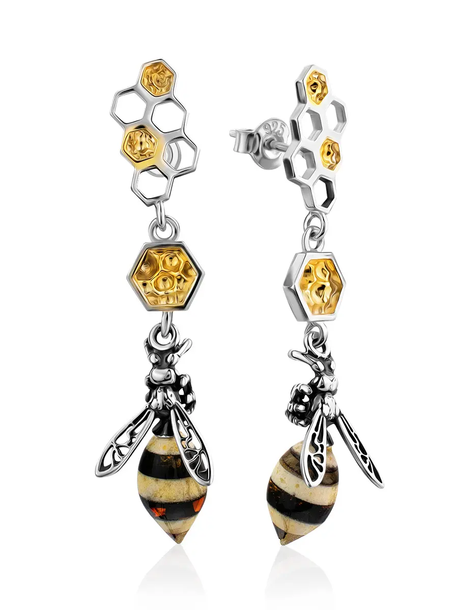 картинка Необычные серьги-гвоздики «Винни Пух» с натуральным янтарём в онлайн магазине