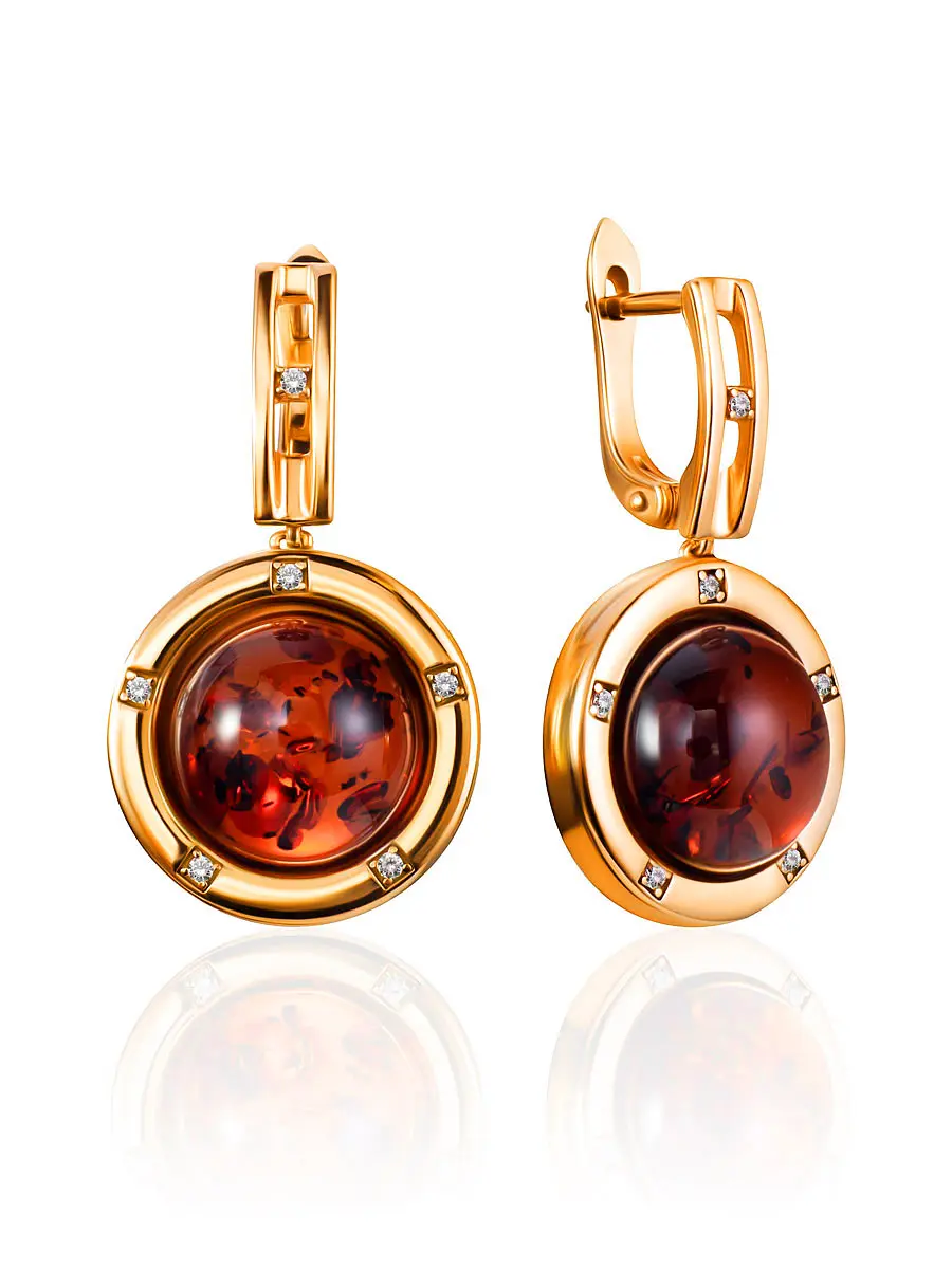 картинка Красивые серьги с тёмно-коньячным янтарём и фианитами «Ампир» в онлайн магазине