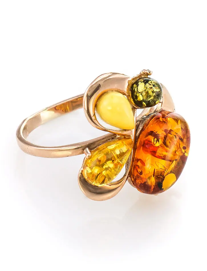 картинка Яркое нарядное кольцо из золота с натуральным балтийским янтарём «Симфония» в онлайн магазине