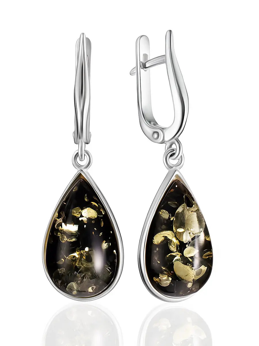 картинка Эффектные серьги из серебра с зелёным янтарём «Импульс» в онлайн магазине