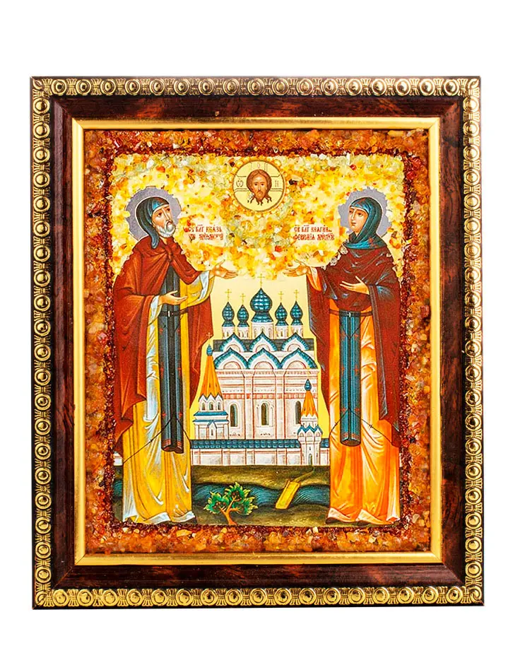 картинка Икона, украшенная натуральным балтийским янтарём «Святые благоверные Пётр и Феврония Муромские» в онлайн магазине