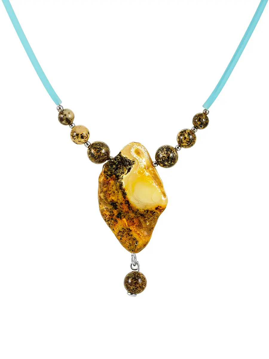 картинка Колье «Тринидад» на голубом силиконовом шнурке с янтарём в онлайн магазине