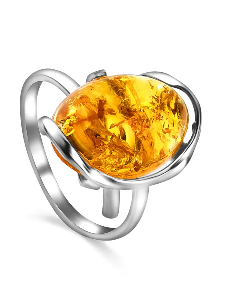 картинка Нежное серебряное кольцо с натуральным искрящимся янтарем лимонного оттенка «Вивальди» в онлайн магазине