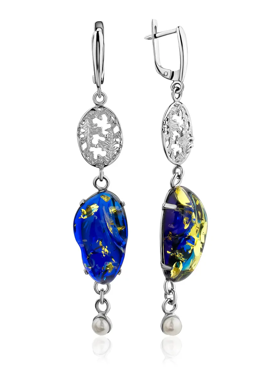 картинка Красивые длинные серьги с синим янтарём и жемчугом «Версаль» в онлайн магазине